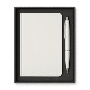 Notebook and pen gift set in black presentation box – custom logo printing available for corporate gifts, events, and bulk promotional orders in NYC.