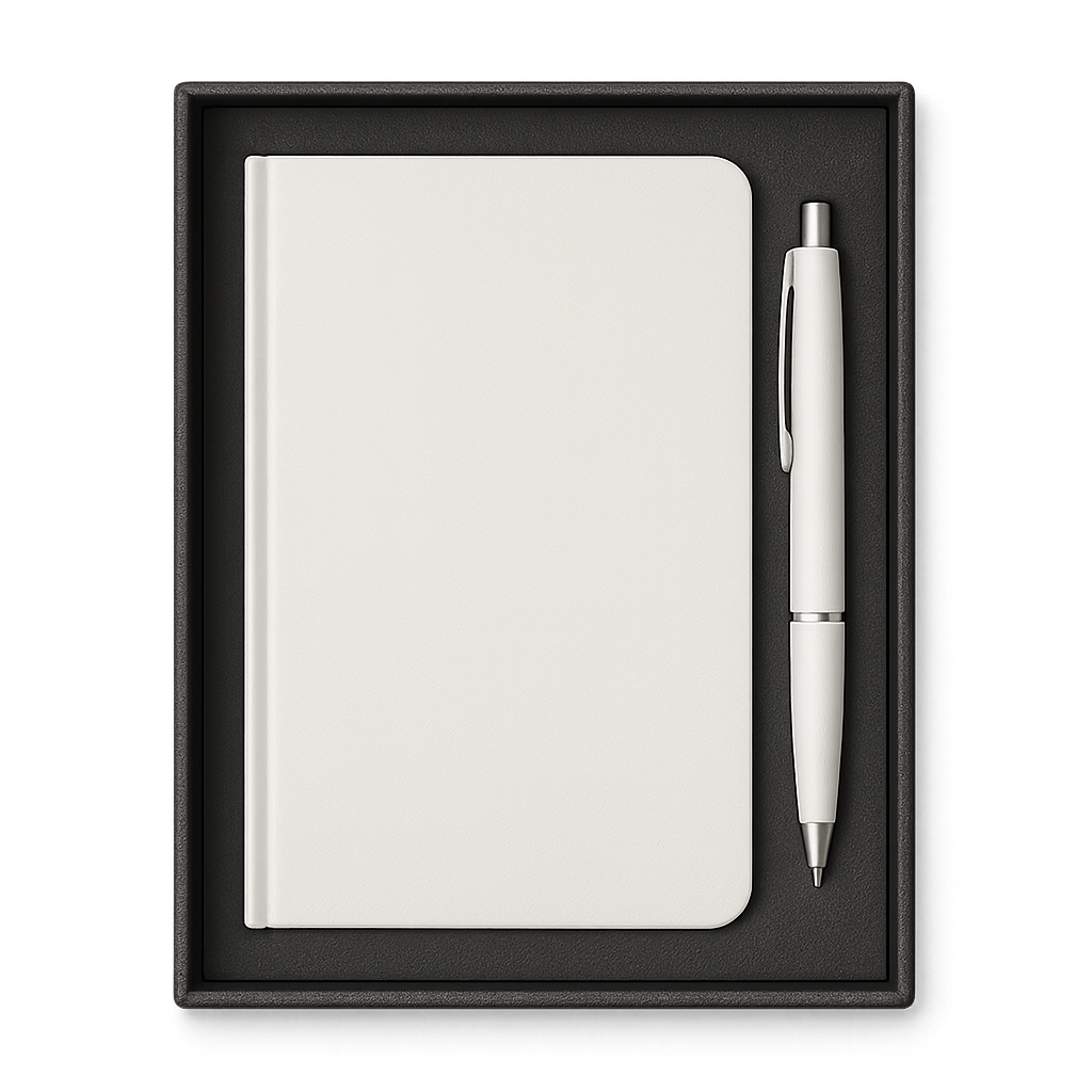 Custom Notebook & Pen Gift Set – Bulk Corporate Gifts & Promotional Branding Notebook and pen gift set in black presentation box – custom logo printing available for corporate gifts, events, and bulk promotional orders in NYC.